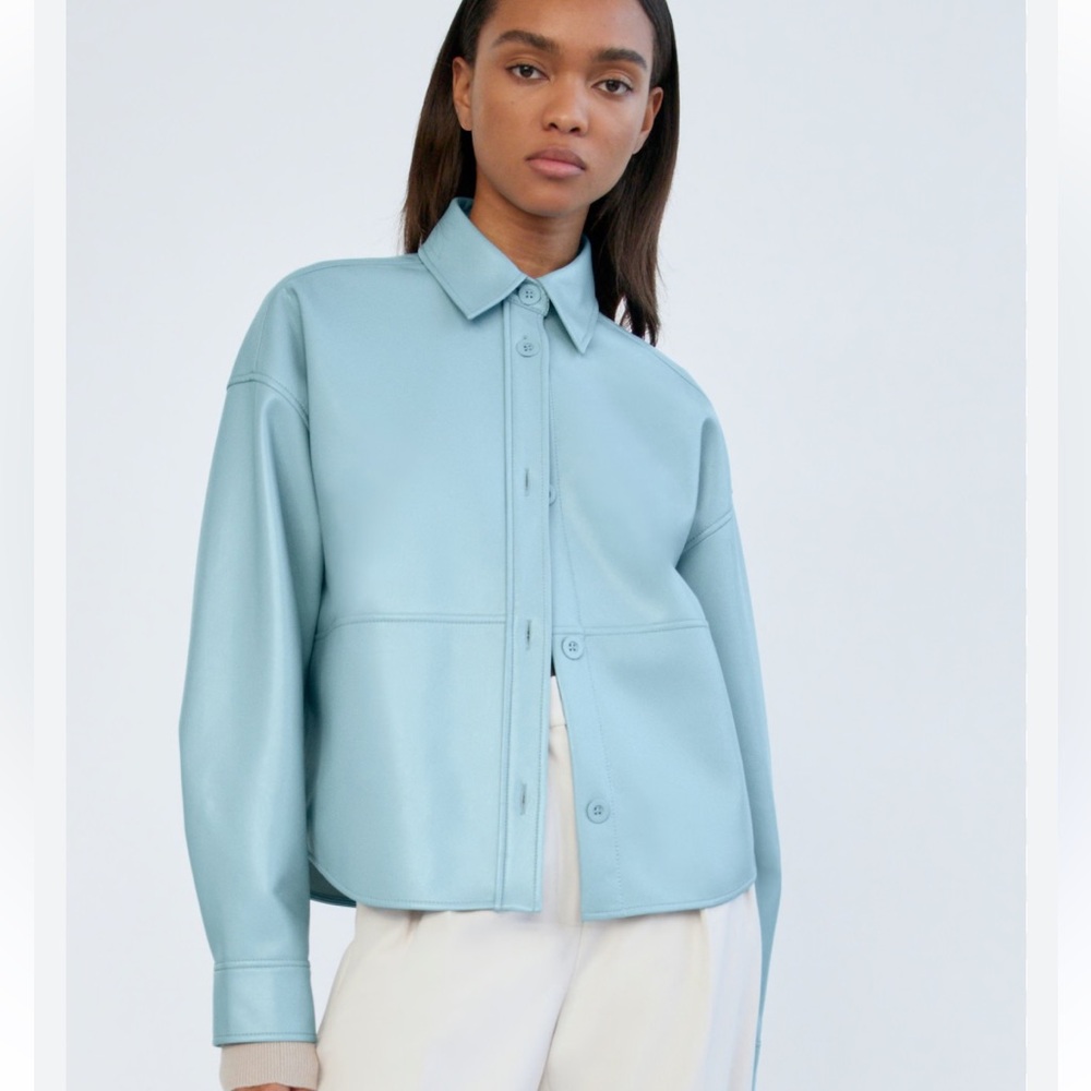 Babaton Aritzia UnReal Leather Shirt Jacket Shacket Blue Size S Vegan Leather